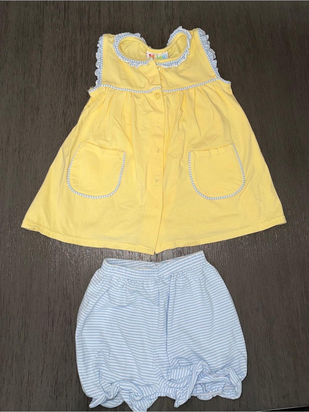 Yellow Sleeveless Girls Playset with Blue Stripe Bloomers
